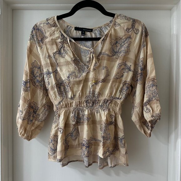 Harvé Benard Beige Boho Floral Blouse with 3/4 Sleeves, Size M - Picture 1 of 8